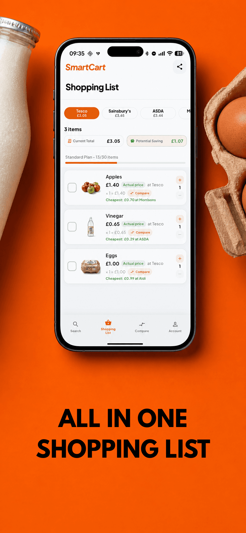 SmartCart app screen showing a shared shopping list with live supermarket prices